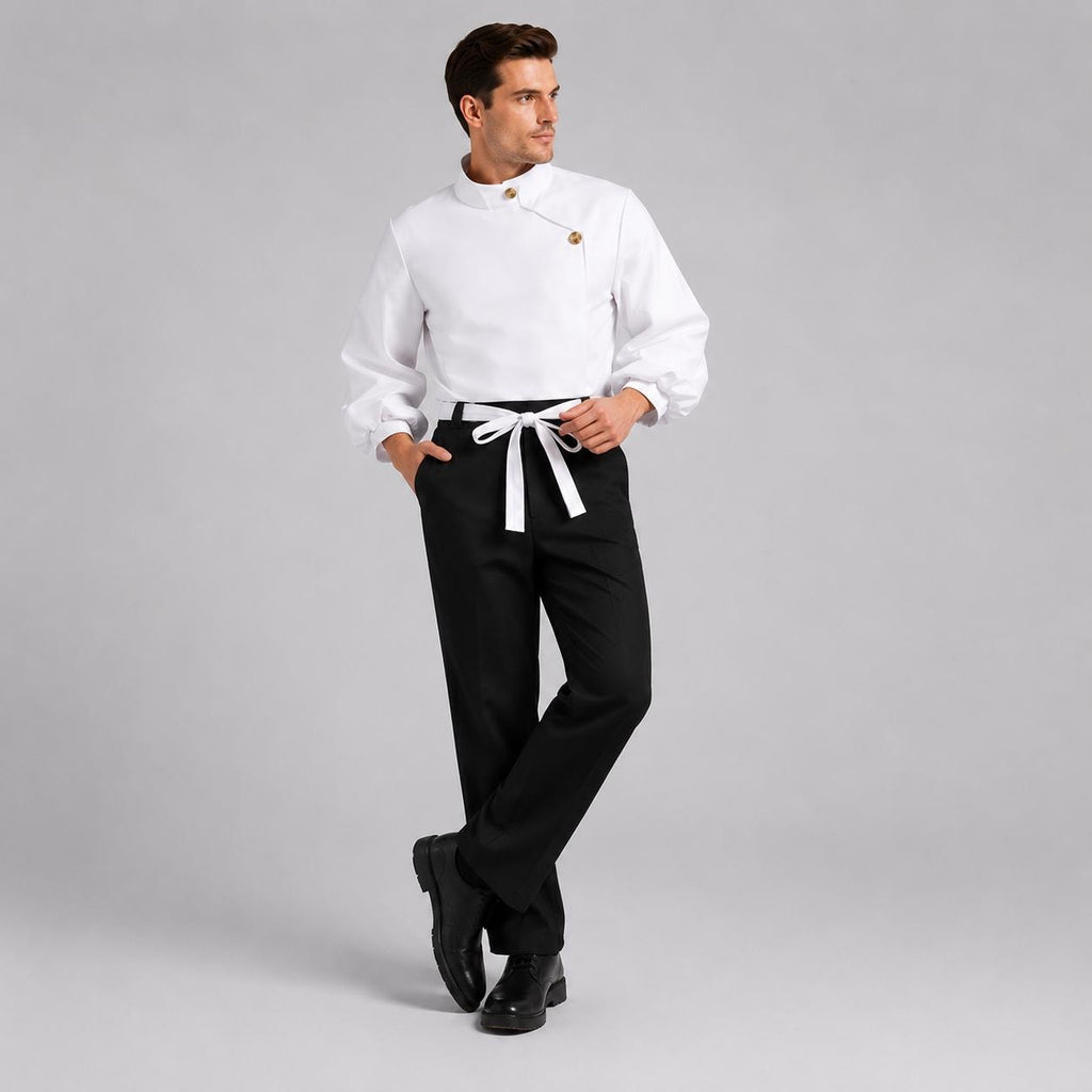 May include: A white long-sleeved shirt with a high collar and an asymmetrical button closure paired with black trousers featuring a white tie-waist belt. The shirt has full sleeves and the trousers are straight-legged with a clean, tailored finish.