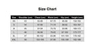 May include: A black and white size chart table with the heading Size Chart. The table lists sizes from XS to XXL with corresponding measurements in centimeters for shoulder, chest, waist, hip, and height. The data is organized in rows and columns.
