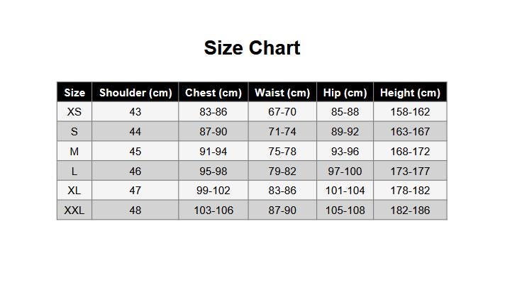 May include: A black and white size chart table with the heading Size Chart. The table lists sizes from XS to XXL with corresponding measurements in centimeters for shoulder, chest, waist, hip, and height. The data is organized in rows and columns.