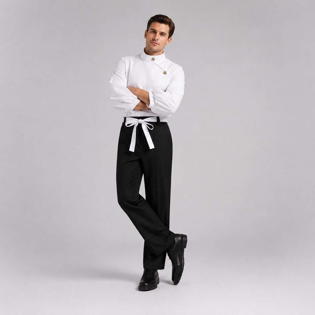 May include: A white long-sleeved shirt with a high collar and gold-toned buttons paired with black trousers featuring a white fabric tie belt at the waist and black dress shoes. The ensemble is clean-cut with a structured fit and neutral tones.