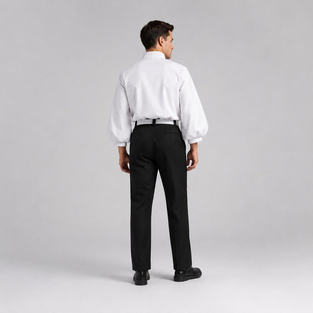 May include: A white long-sleeved shirt with a high collar and voluminous sleeves paired with black trousers. The shirt is tucked into the trousers, which are secured with a black belt. The outfit is shown from the back, highlighting the full-cut sleeves.
