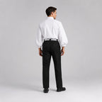 May include: A white long-sleeved shirt with a high collar and voluminous sleeves paired with black trousers. The shirt is tucked into the trousers, which are secured with a black belt. The outfit is shown from the back, highlighting the full-cut sleeves.