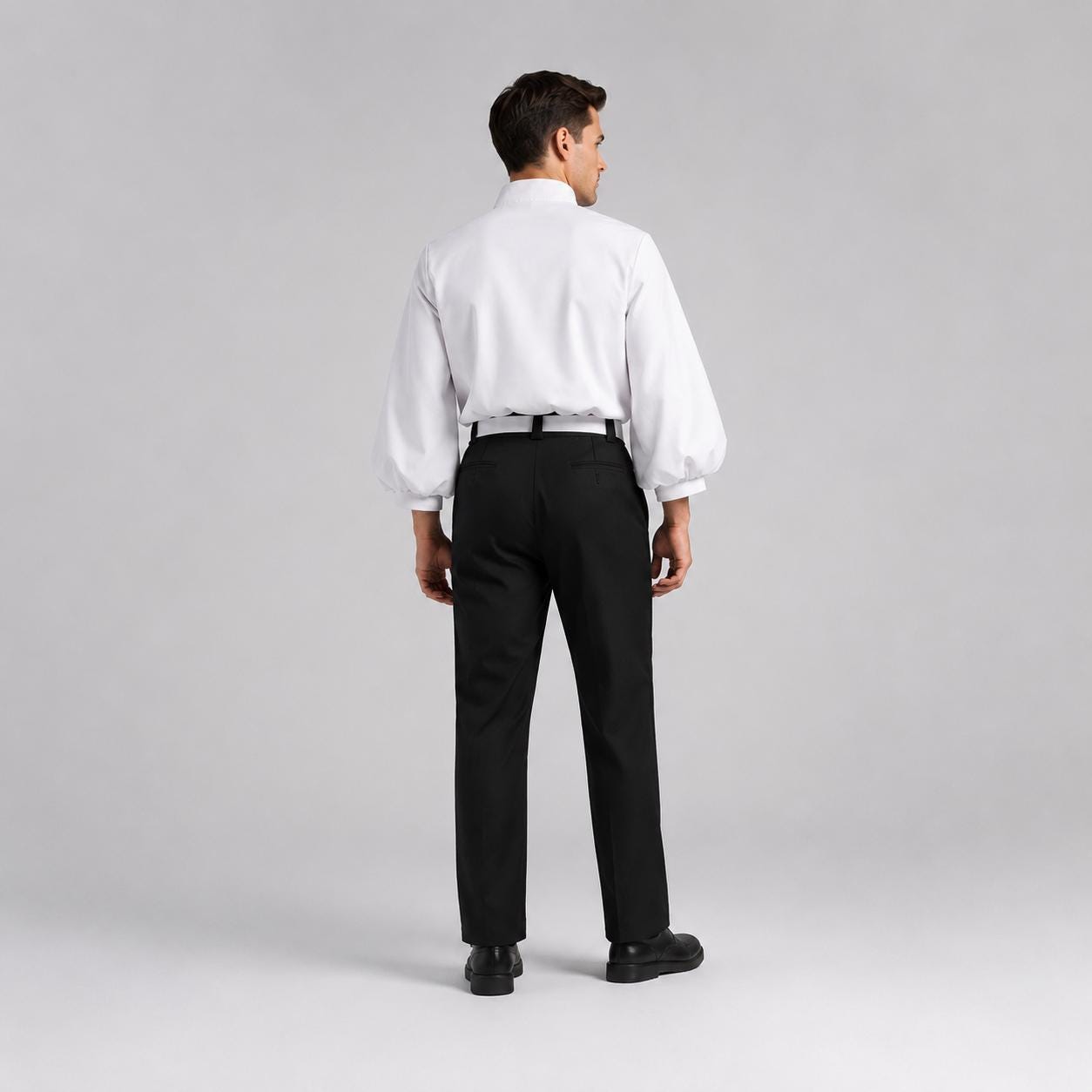 May include: A white long-sleeved shirt with a high collar and voluminous sleeves paired with black trousers. The shirt is tucked into the trousers, which are secured with a black belt. The outfit is shown from the back, highlighting the full-cut sleeves.