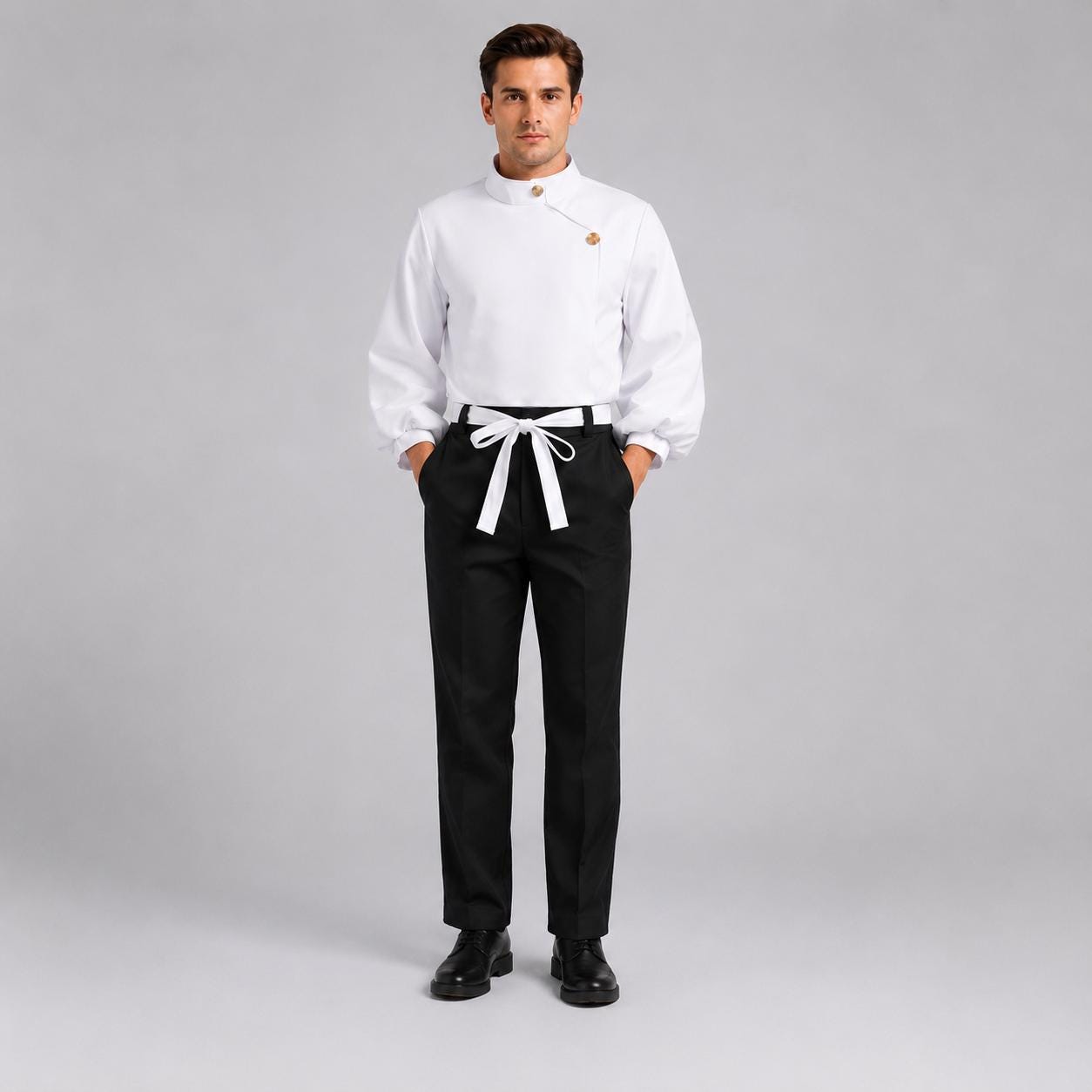 May include: A white long-sleeved shirt with a high collar, an asymmetrical button closure, and full sleeves paired with black trousers featuring a white tie-waist belt. The ensemble is completed with black dress shoes on a neutral background.