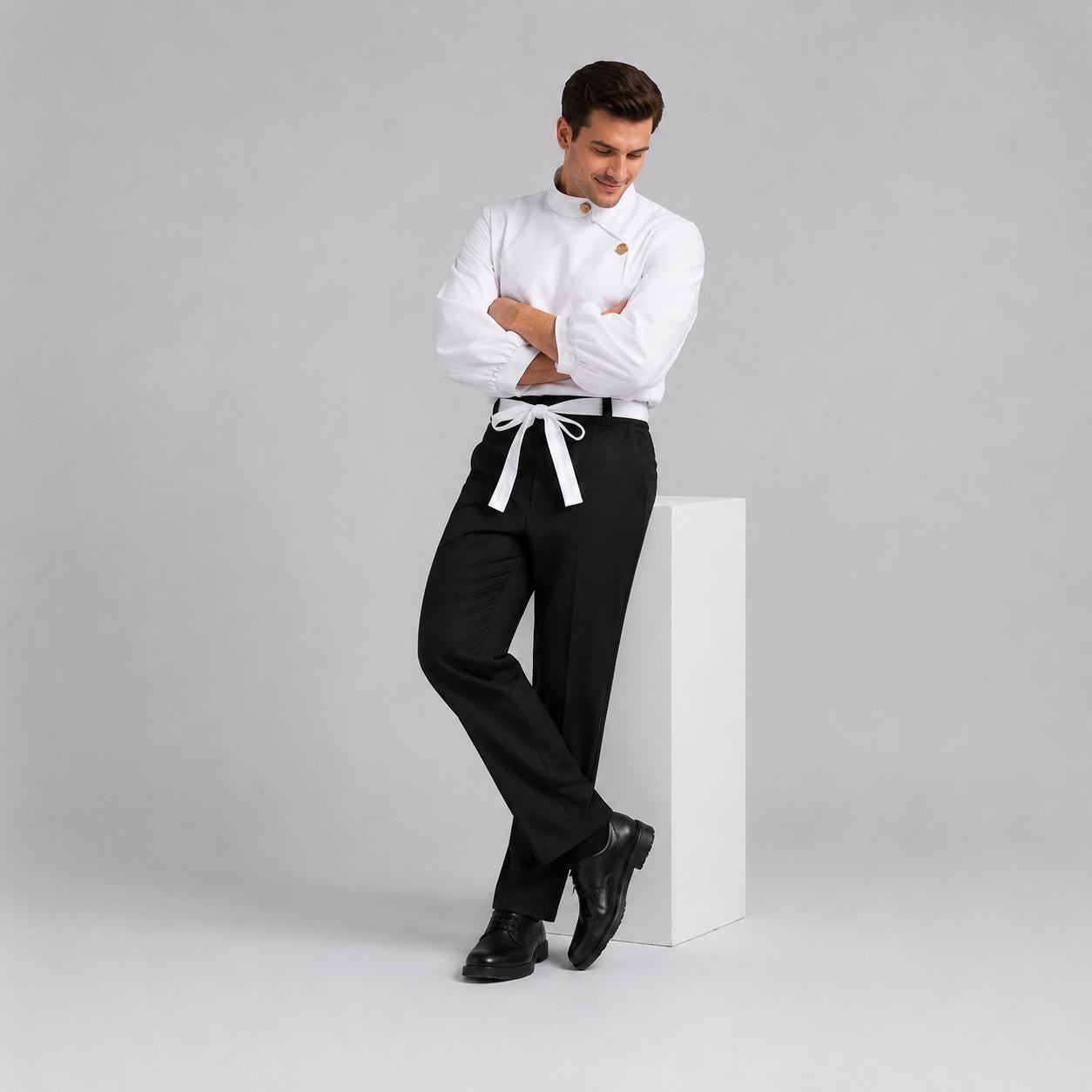 May include: A white long-sleeved shirt with a high collar and gold-toned buttons, paired with black trousers and a white waist tie. The shirt features gathered sleeves and a structured fit, while the black trousers are straight-legged and tailored.
