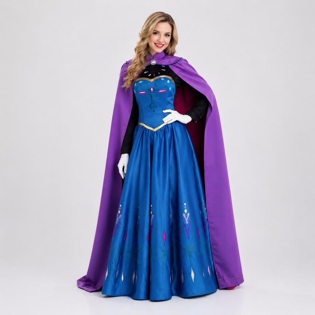 May include: A floor-length blue gown with a black bodice, long black sleeves, and a vibrant purple cape. The dress features a sweetheart neckline, white gloves, and a skirt decorated with colorful diamond-shaped patterns in pink, teal, and white.