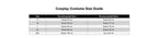 May include: A Cosplay Costume Size Guide table with columns for Size, Recommended Bust, and Recommended Waist. The rows list sizes S, M, L, XL, and XXL with corresponding measurements in centimeters, such as Below 84 cm for bust and Below 68 cm for waist.