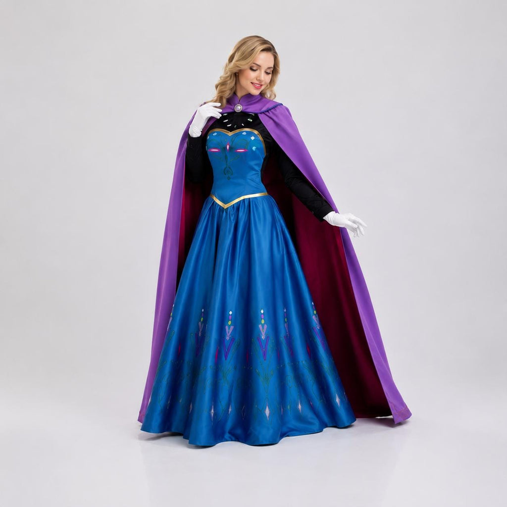 May include: A floor-length blue gown with a sweetheart neckline, black long sleeves, and a gold waistband. The skirt features a colorful floral pattern. A long purple cape with a silver clasp is worn over the dress, paired with white gloves.