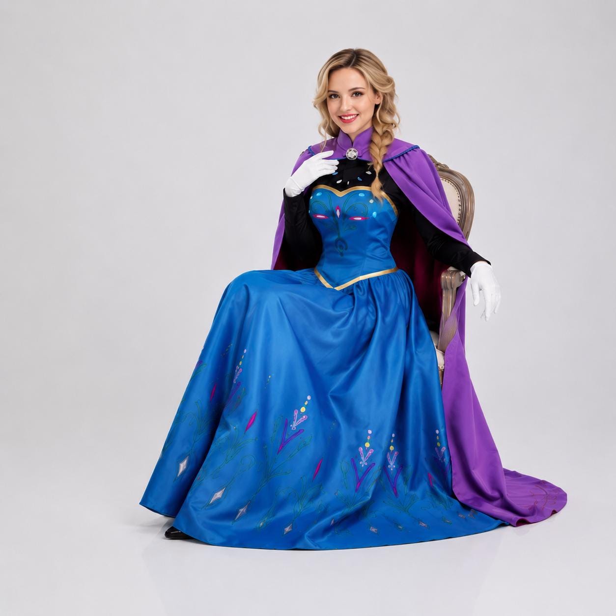 May include: A floor-length blue dress with a black long-sleeved bodice, a purple cape, and white gloves. The skirt features a floral pattern in pink, green, and white. The bodice has a sweetheart neckline with gold trim and a central brooch.