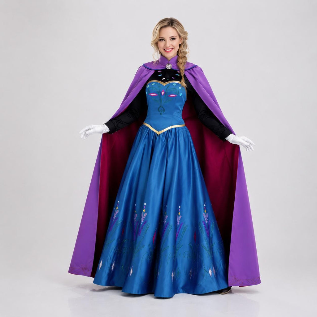 May include: A floor-length blue dress with a black long-sleeved bodice, a high collar, and a vibrant purple cape. The skirt features a decorative floral pattern in shades of green, pink, and blue, while the bodice includes pink accents.