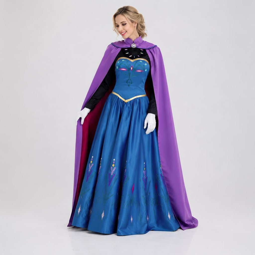 May include: A floor-length blue gown with a black bodice, long black sleeves, and a purple cape. The skirt features a floral pattern in shades of blue, pink, and white. The bodice has a gold trim, and the cape is secured with a silver brooch.