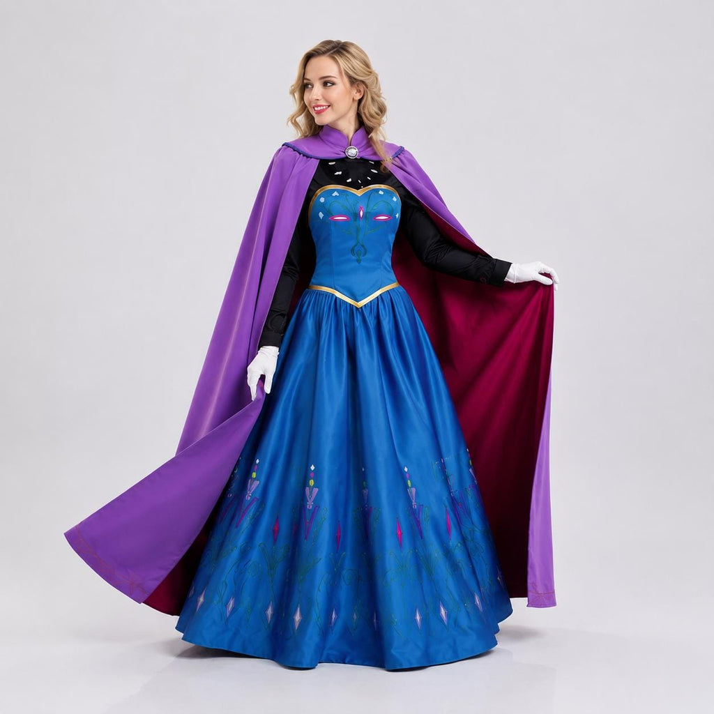 May include: A floor-length blue gown with a black long-sleeved bodice, a high collar, and a full skirt featuring a repeating floral pattern. A long purple cape with a magenta lining and a decorative silver brooch is draped over the shoulders.