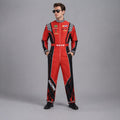 May include: A red and black racing jumpsuit featuring a front zipper, a high collar, and a belt with the word RACE printed in white. The sleeves and legs have black and white checkered patterns, flame graphics, and various sponsor-style patches.