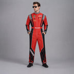 May include: A red and black racing jumpsuit featuring a front zipper, a high collar, and a belt with the word RACE printed in white. The sleeves and legs have black and white checkered patterns, flame graphics, and various sponsor-style patches.