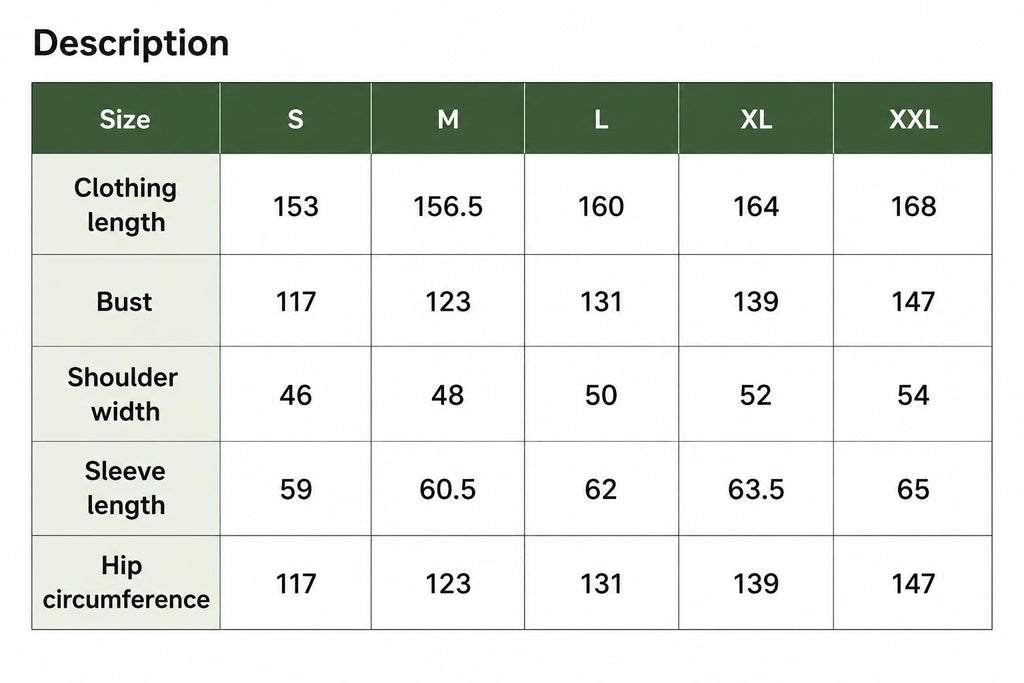 May include: A size chart table with a dark green header labeled Description. Columns list sizes S, M, L, XL, and XXL. Rows detail measurements in centimeters for clothing length, bust, shoulder width, sleeve length, and hip circumference.