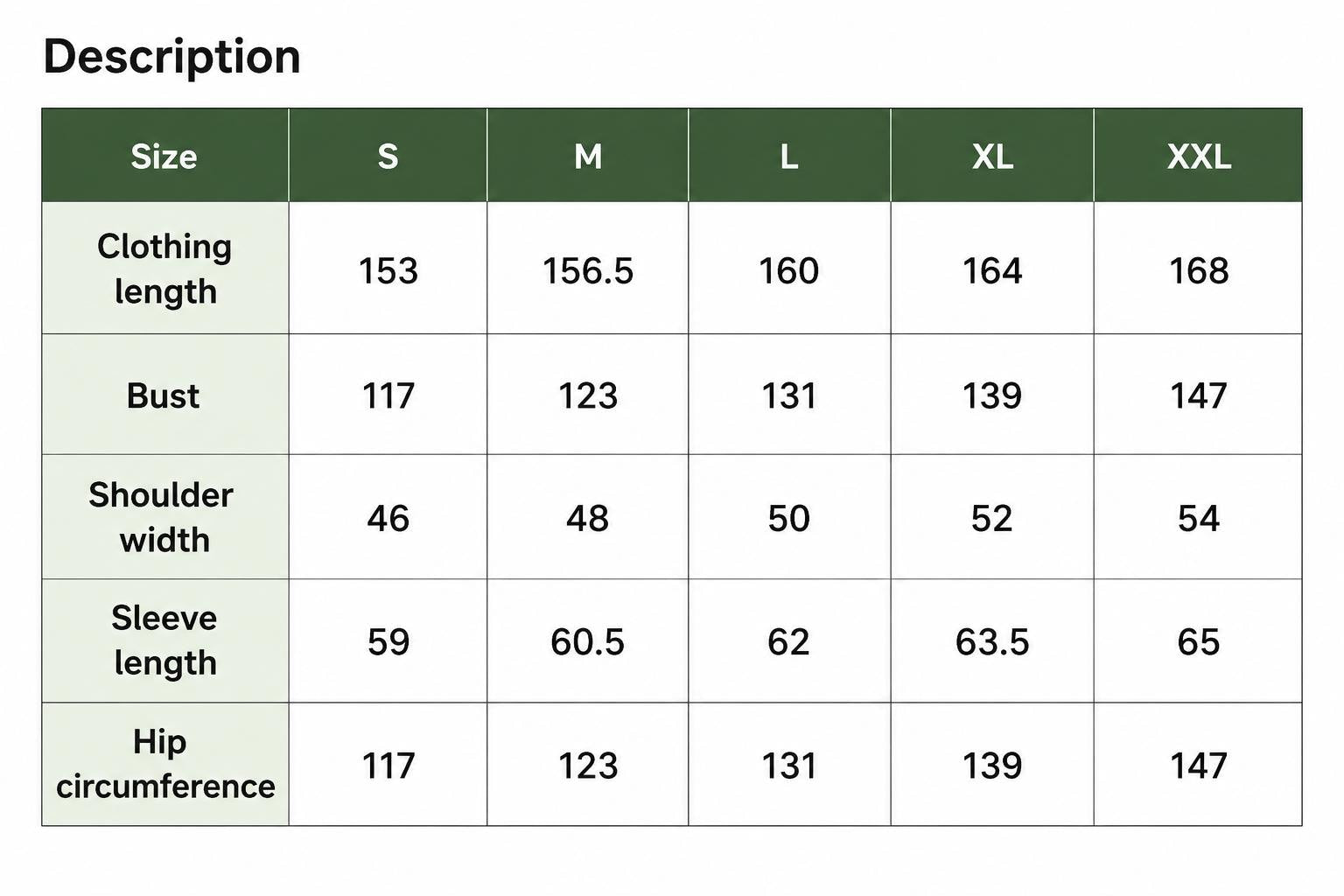May include: A size chart table with a dark green header labeled Description. Columns list sizes S, M, L, XL, and XXL. Rows detail measurements in centimeters for clothing length, bust, shoulder width, sleeve length, and hip circumference.