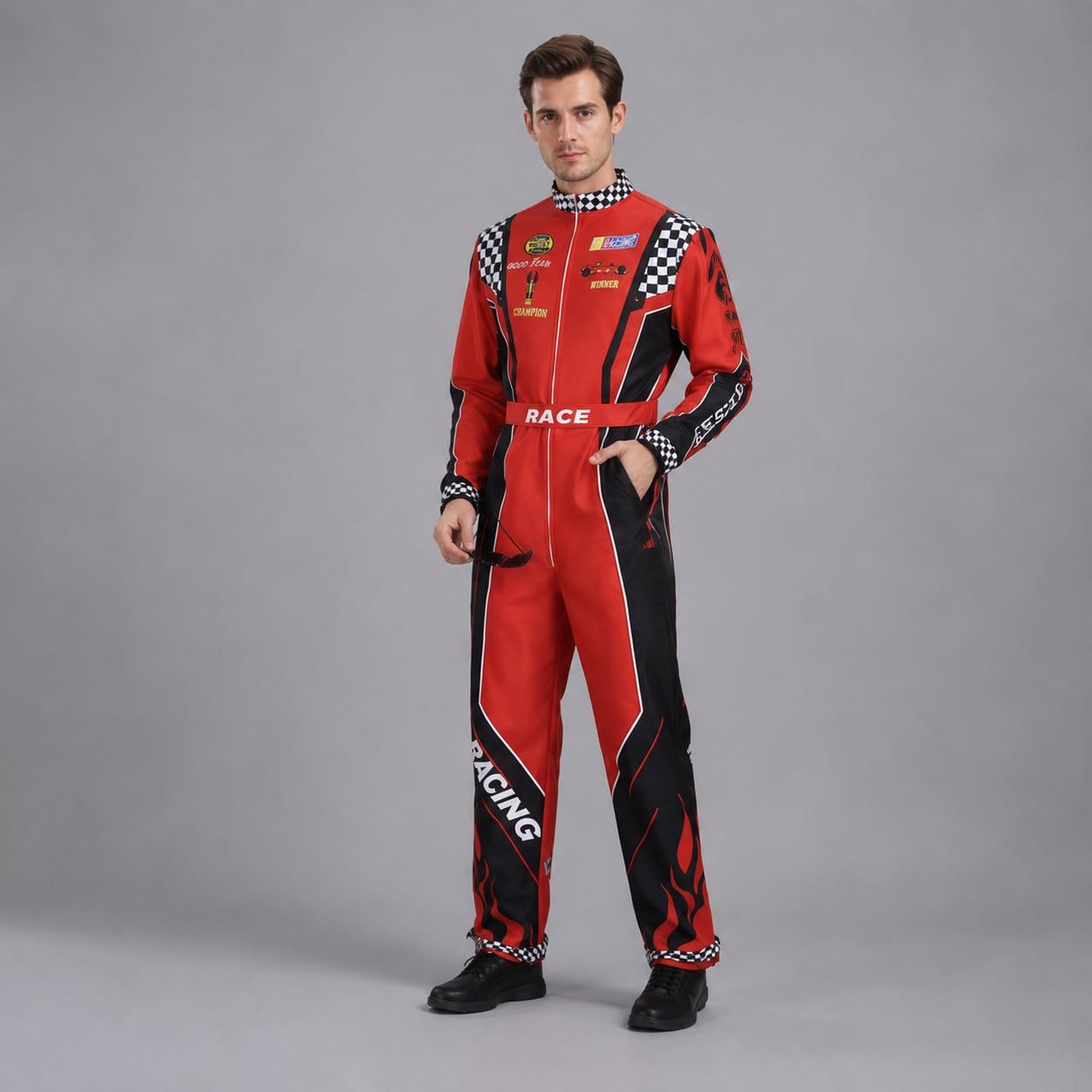 May include: A red and black racing jumpsuit featuring a high collar, long sleeves, and a front zipper closure. The garment includes white checkered patterns on the shoulders, a belt with the text RACE, and the word RACING printed on the leg.