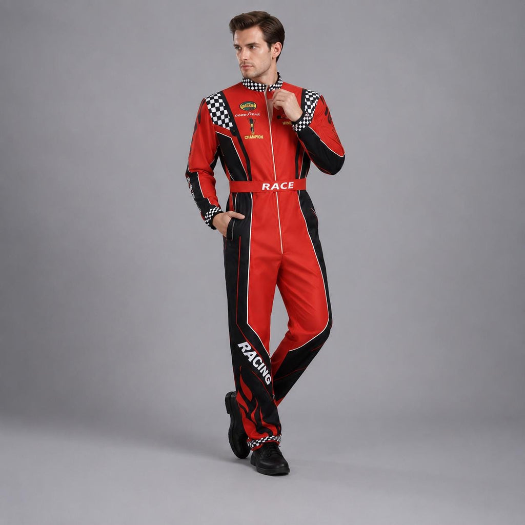 May include: A red and black racing jumpsuit featuring a checkered pattern on the shoulders, a white zipper closure, and a belt with the word RACE printed in white. The leg features the word RACING in white with red flame graphics at the hem.