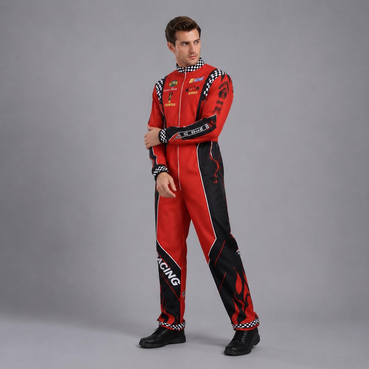 May include: A red and black racing jumpsuit featuring a high collar with a black and white checkered pattern, long sleeves with sponsor patches, and the word RACING printed vertically in white on the right leg with red flame graphics.