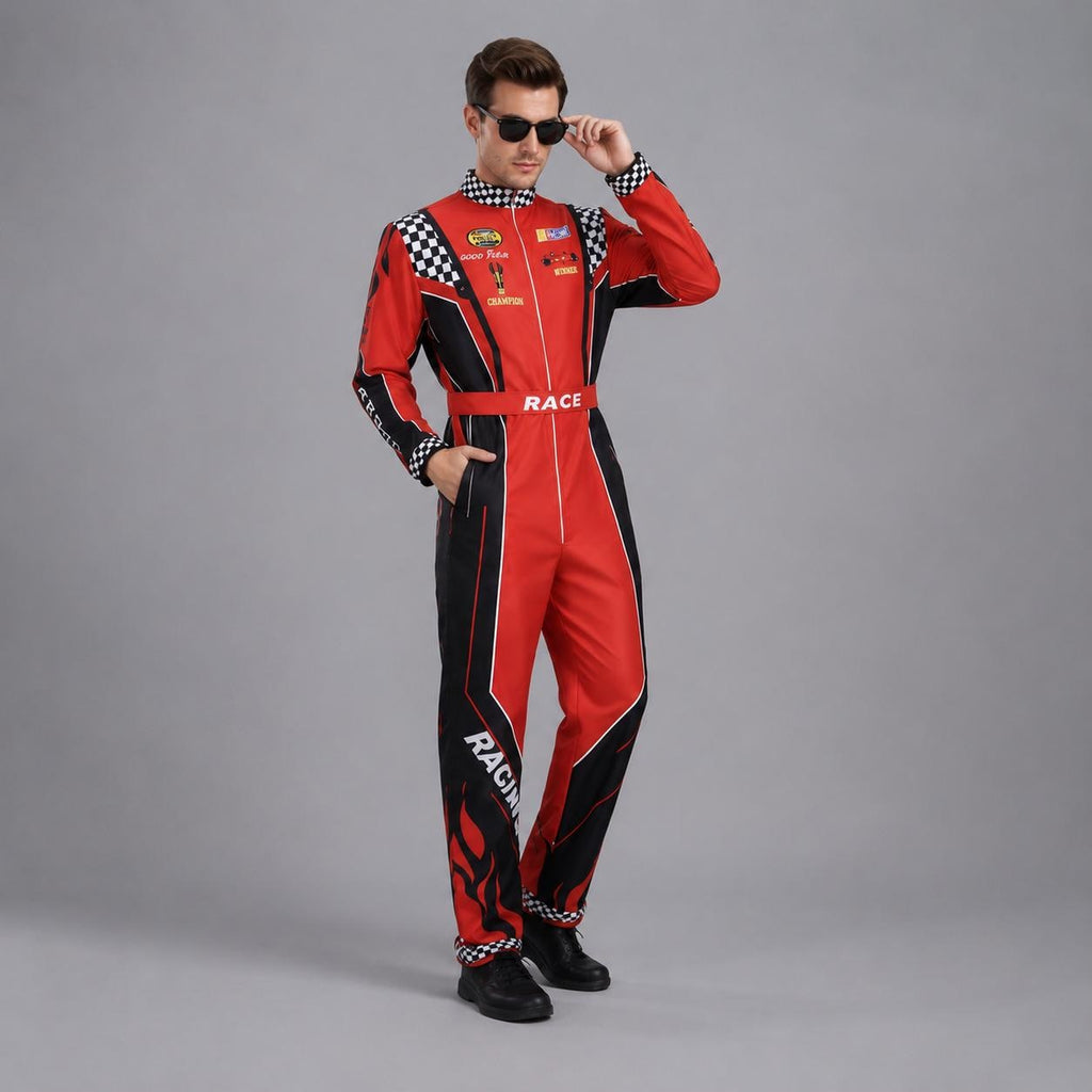 May include: A red and black racing jumpsuit featuring a high collar, long sleeves, and a front zipper closure. The garment includes a white belt with the word RACE, black and white checkered accents, and flame graphics along the lower legs.
