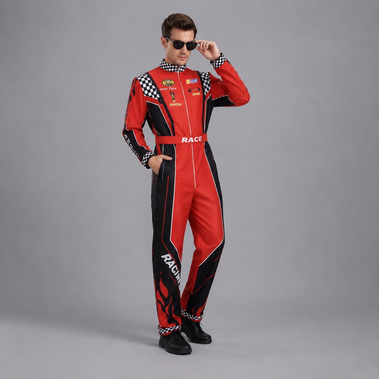 May include: A red and black racing jumpsuit featuring a high collar, long sleeves, and a front zipper closure. The garment includes a white belt with the word RACE, black and white checkered accents, and flame graphics along the lower legs.