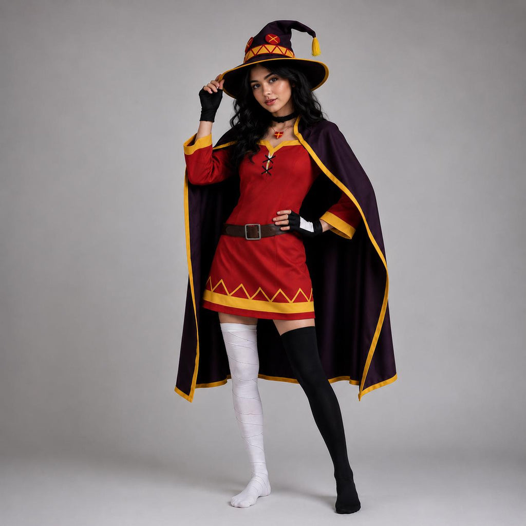 May include: A costume featuring a red long-sleeved tunic with a yellow zigzag hem, a dark purple cape with yellow trim, and a matching pointed hat with a yellow emblem. The outfit includes one white and one black thigh-high stocking and gloves.