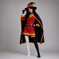 May include: A costume featuring a red long-sleeved tunic with a yellow zigzag hem, a dark purple cape with yellow trim, and a matching pointed hat with a yellow emblem. The outfit includes one white and one black thigh-high stocking and gloves.