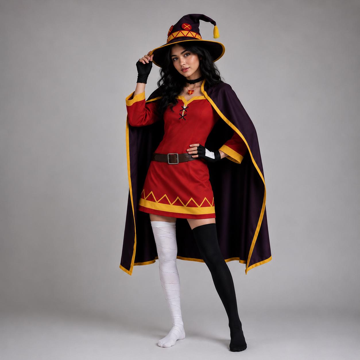 May include: A costume featuring a red long-sleeved tunic with a yellow zigzag hem, a dark purple cape with yellow trim, and a matching pointed hat with a yellow emblem. The outfit includes one white and one black thigh-high stocking and gloves.