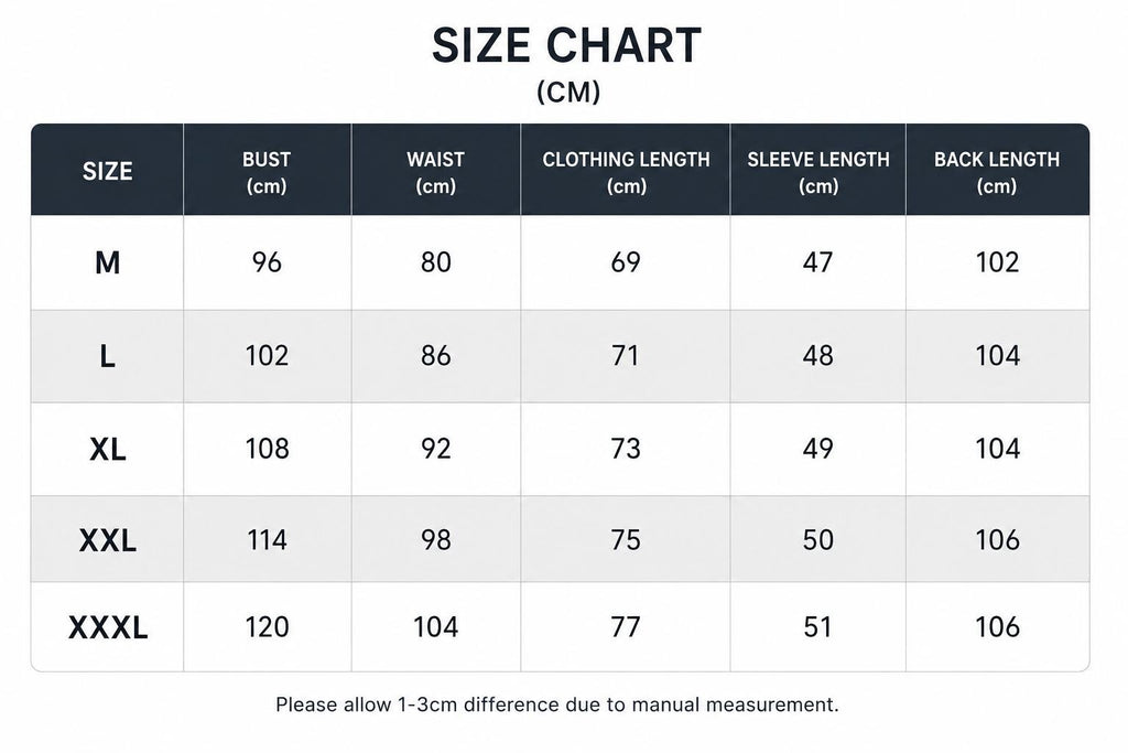 May include: A size chart table with black headers and white rows displaying measurements in centimeters for sizes M through XXXL. Columns include bust, waist, clothing length, sleeve length, and back length. Text at the bottom reads: Please allow 1-3cm difference due to manual measurement.