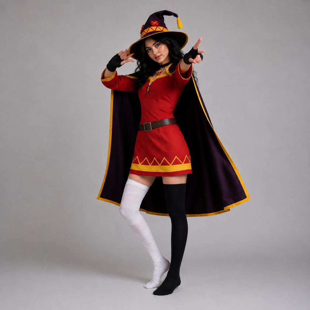May include: A costume featuring a red tunic with a yellow zigzag hem, a dark purple cape with yellow trim, and a matching pointed hat with a yellow emblem. The outfit includes black fingerless gloves, one white thigh-high sock, and one black sock.