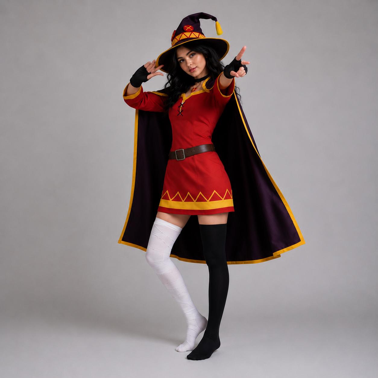 May include: A costume featuring a red tunic with a yellow zigzag hem, a dark purple cape with yellow trim, and a matching pointed hat with a yellow emblem. The outfit includes black fingerless gloves, one white thigh-high sock, and one black sock.