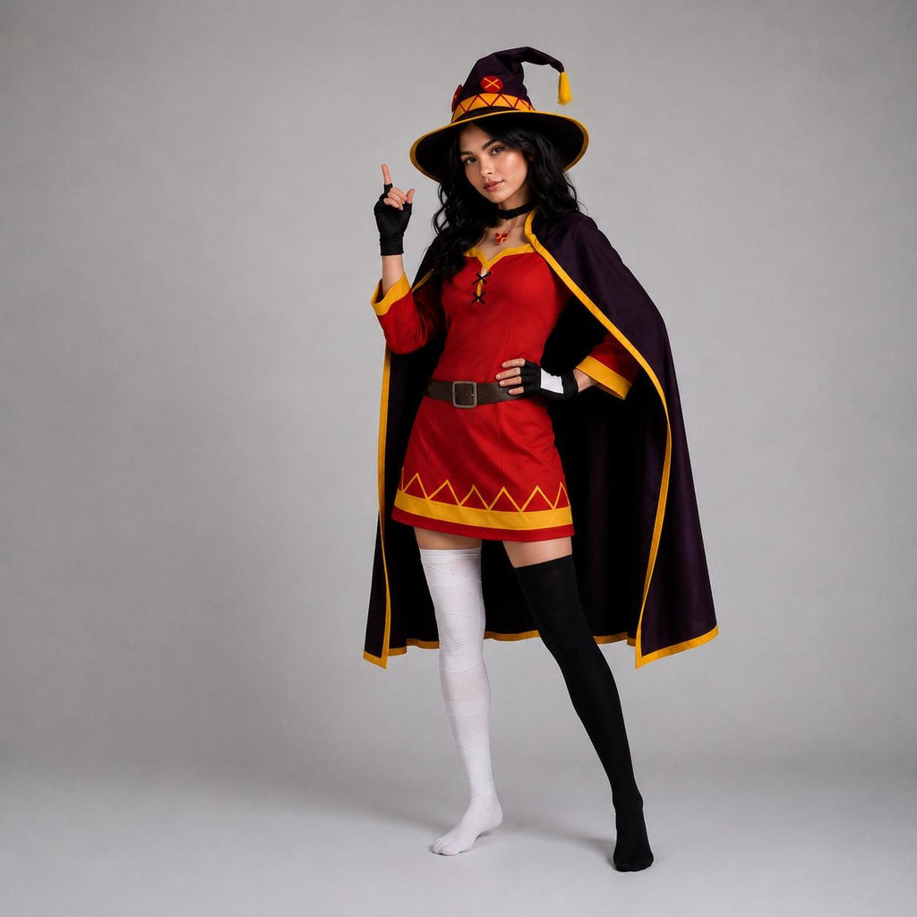 May include: A costume featuring a red tunic with yellow trim, a dark purple cape with yellow edges, and a matching pointed hat with a red and yellow emblem. The outfit includes black fingerless gloves and mismatched thigh-high socks, one white and one black.