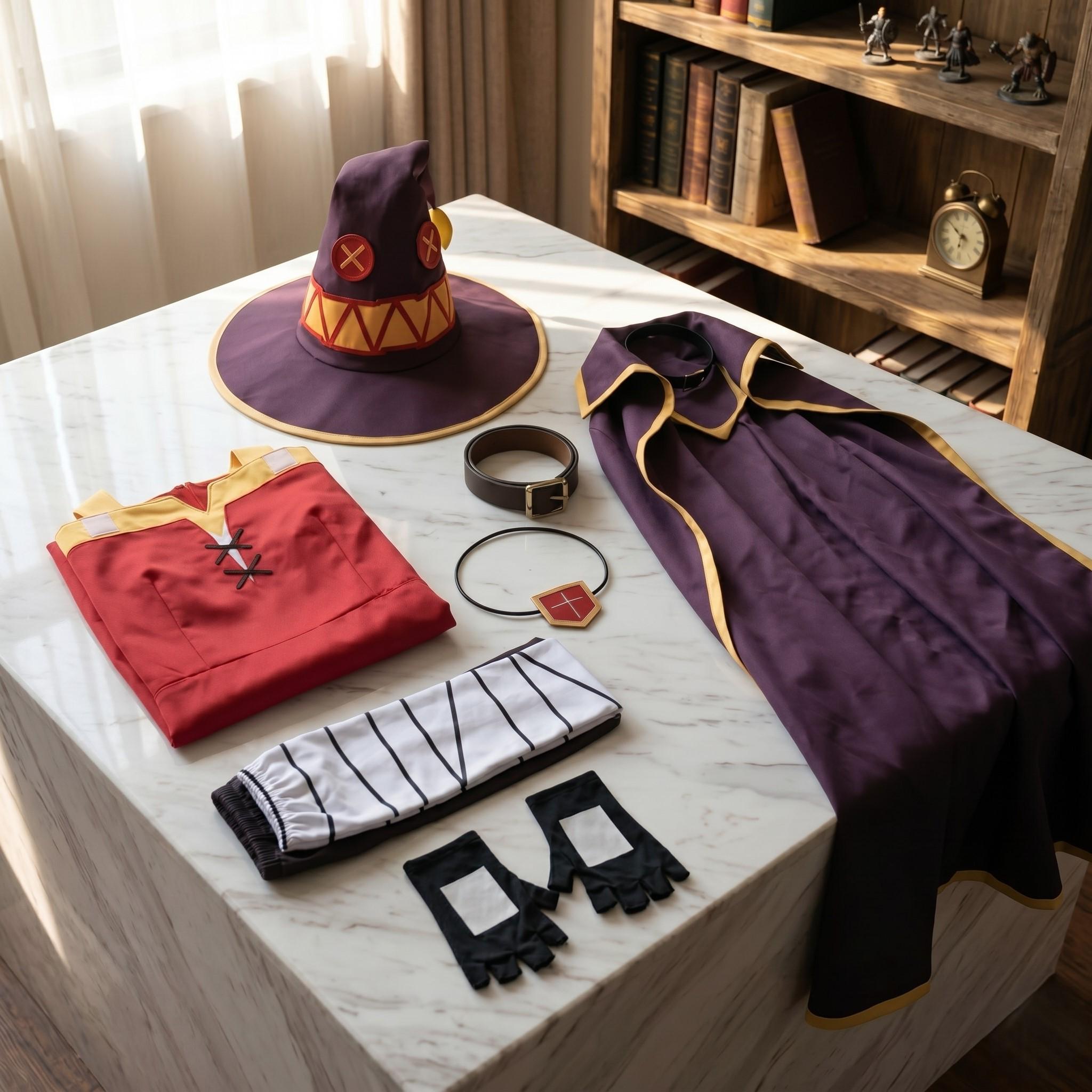 May include: A cosplay costume set including a purple pointed hat with yellow accents, a red tunic with a lace-up neckline, a purple cape with yellow trim, a brown belt, a black choker with a shield pendant, white leg wraps, and black fingerless gloves.
