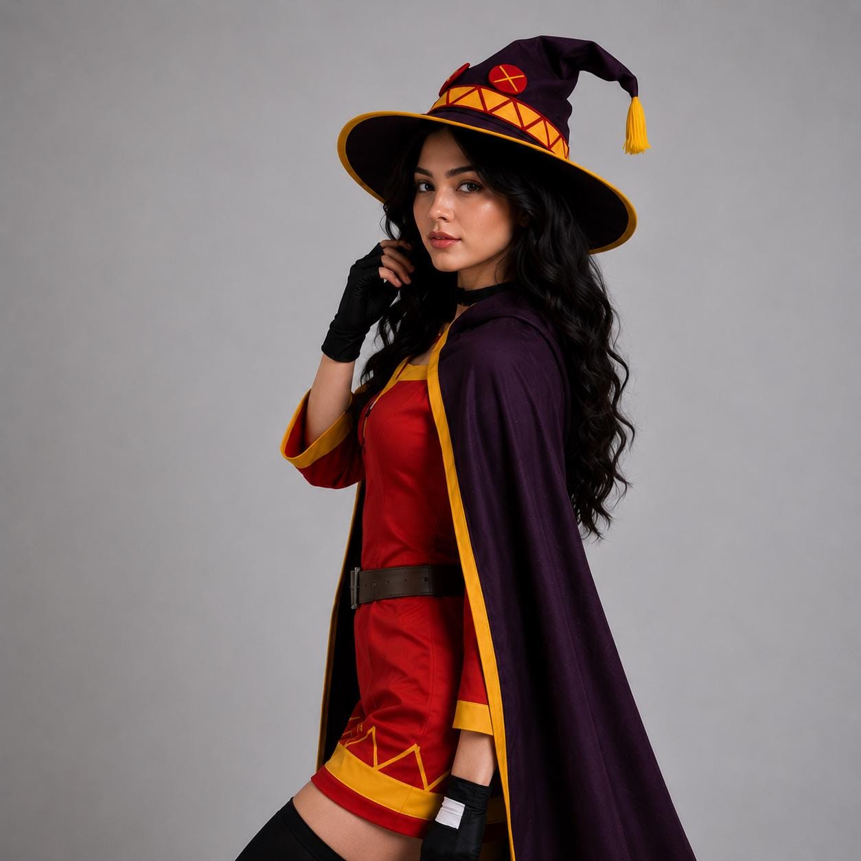 May include: A costume featuring a dark purple pointed witch hat with a yellow band and red circular emblem, a matching dark purple cape with yellow trim, and a red tunic with yellow geometric hem details, worn with black fingerless gloves.