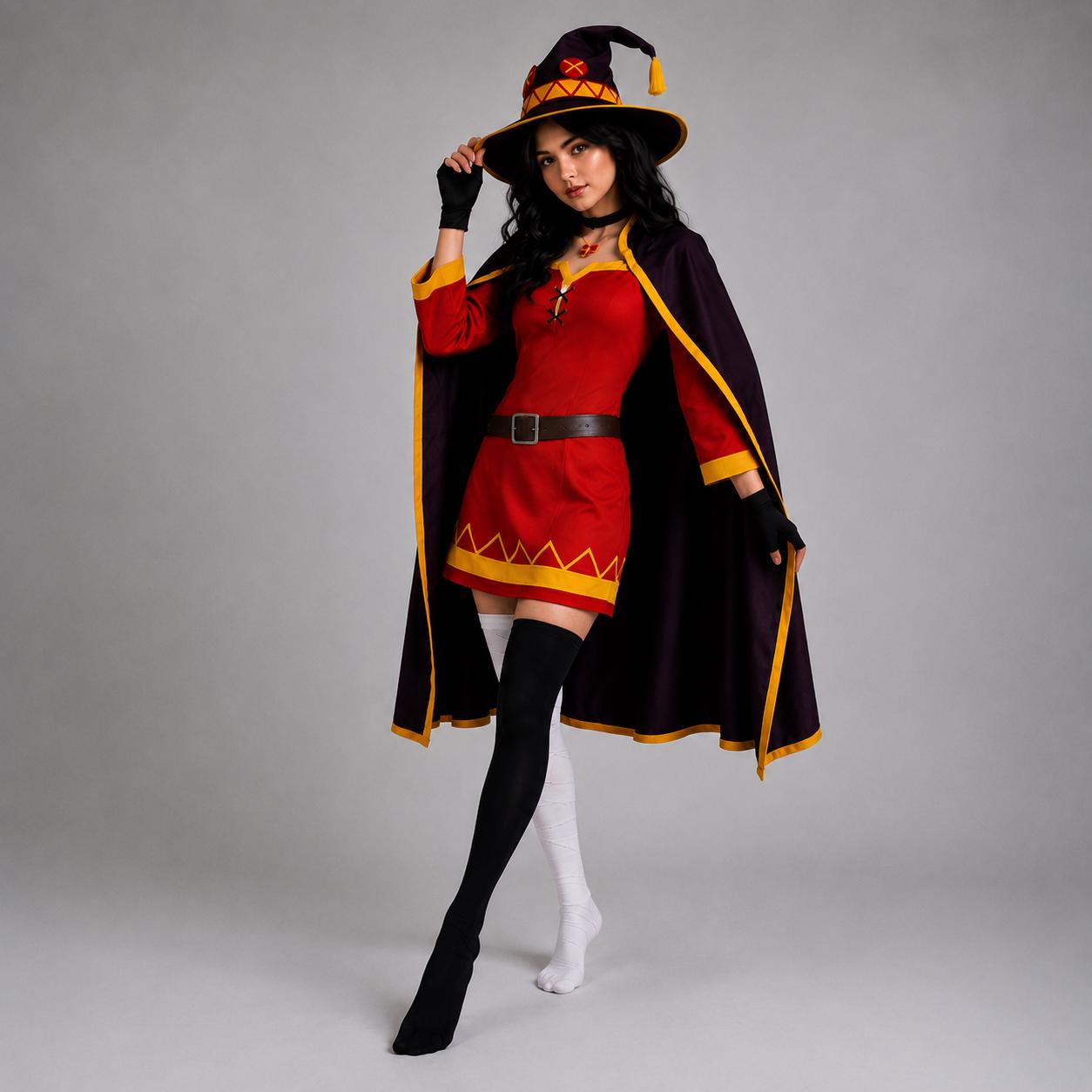 May include: A costume featuring a red tunic with yellow trim, a dark purple cape with yellow edges, and a matching pointed hat with a yellow emblem. The outfit includes black fingerless gloves, a brown belt, and mismatched thigh-high socks.