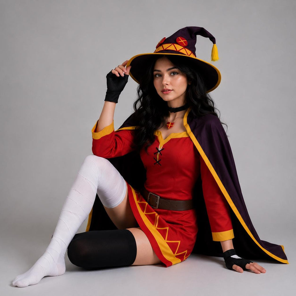 May include: A costume featuring a red dress with yellow trim, a dark purple cape, and a matching pointed hat with a yellow tassel. The outfit includes a brown belt, black fingerless gloves, one white thigh-high sock, and one black thigh-high sock.
