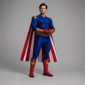 May include: A blue textured bodysuit with a gold belt and collar, red gloves, and red boots featuring gold eagle emblems. A long cape with vertical red and white stripes is attached to the shoulders, which are adorned with gold eagle-shaped epaulets.