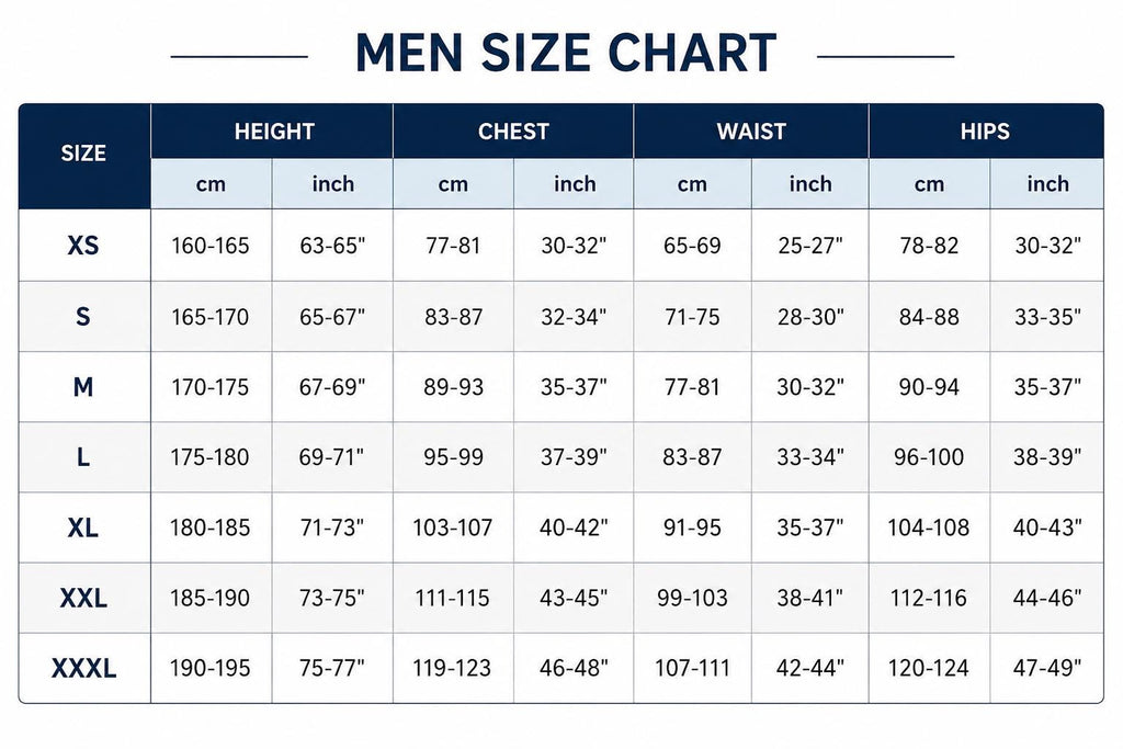 May include: A size chart table titled MEN SIZE CHART with rows for sizes XS through XXXL. Columns display height, chest, waist, and hips measurements in both centimeters and inches, providing a comprehensive guide for garment sizing and fit.