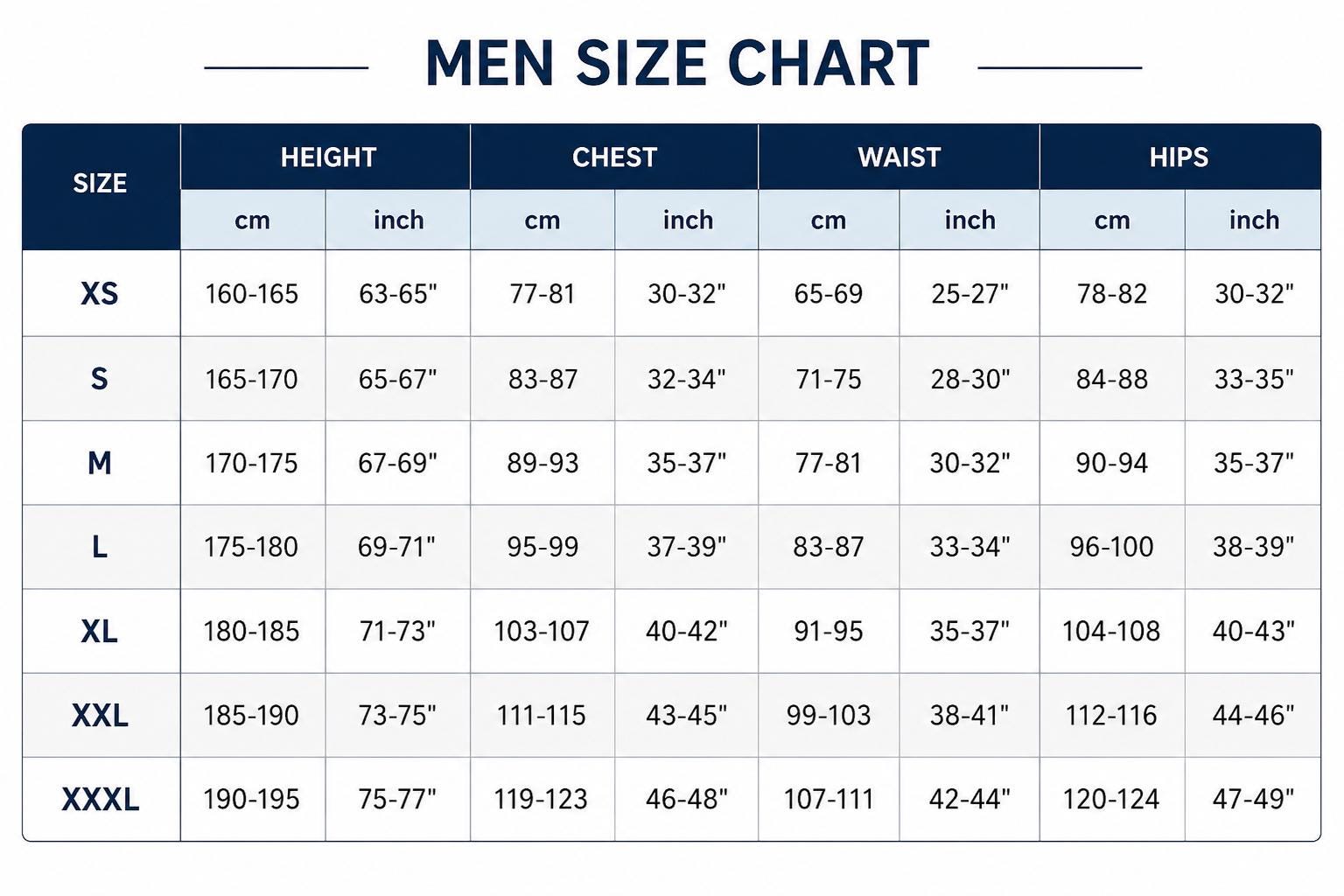 May include: A size chart table titled MEN SIZE CHART with rows for sizes XS through XXXL. Columns display height, chest, waist, and hips measurements in both centimeters and inches, providing a comprehensive guide for garment sizing and fit.