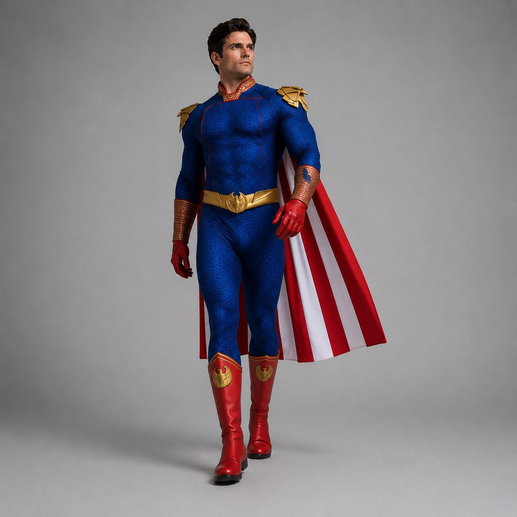 May include: A blue textured bodysuit with gold shoulder armor, a gold belt, and red gloves. The outfit includes red boots with gold eagle emblems and a long cape featuring vertical red and white stripes. The collar has a gold and red pattern.