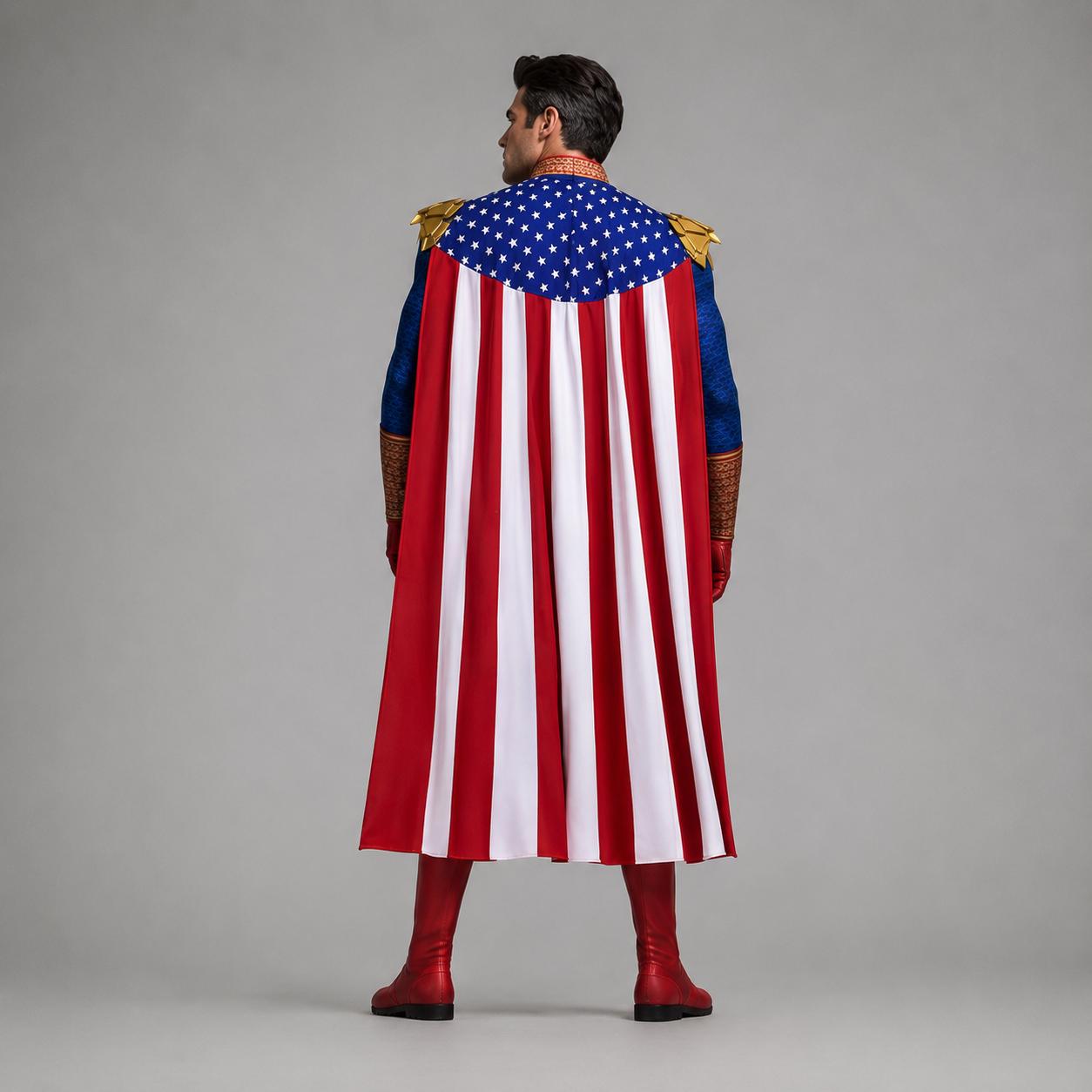 May include: A costume featuring a long cape with vertical red and white stripes and a blue upper section adorned with white stars. The outfit includes blue sleeves, gold shoulder epaulets, and red gloves paired with matching red boots.