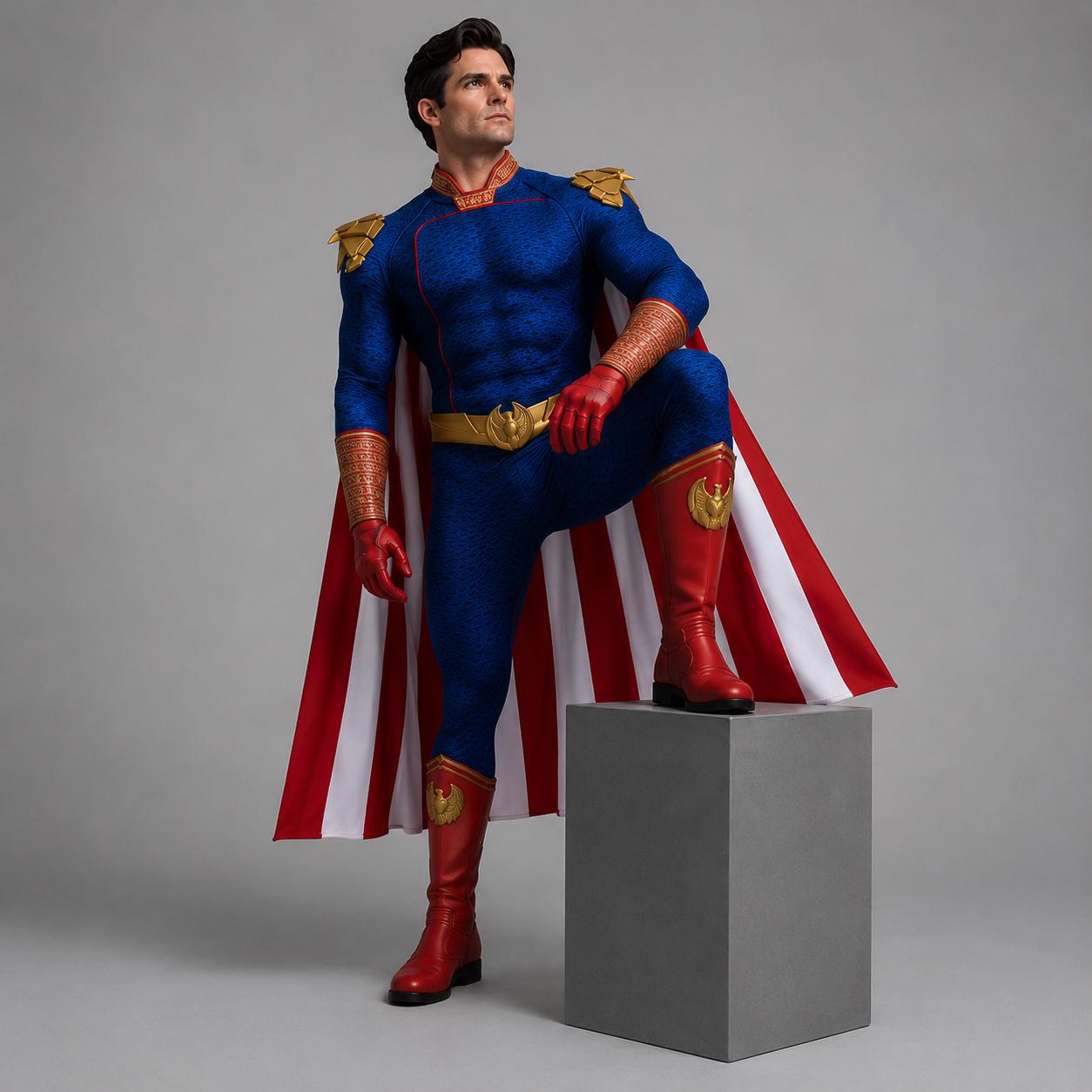May include: A blue textured bodysuit with gold shoulder accents, a gold eagle belt, and red gloves. The costume includes red boots with gold eagle emblems and a long cape featuring vertical red and white stripes. The figure stands in a heroic pose.