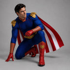 May include: A blue textured bodysuit with red gloves, red boots, and a gold eagle emblem on the boots. The costume features gold shoulder armor, a gold belt, and a long cape with alternating red and white vertical stripes. The outfit includes a high collar.
