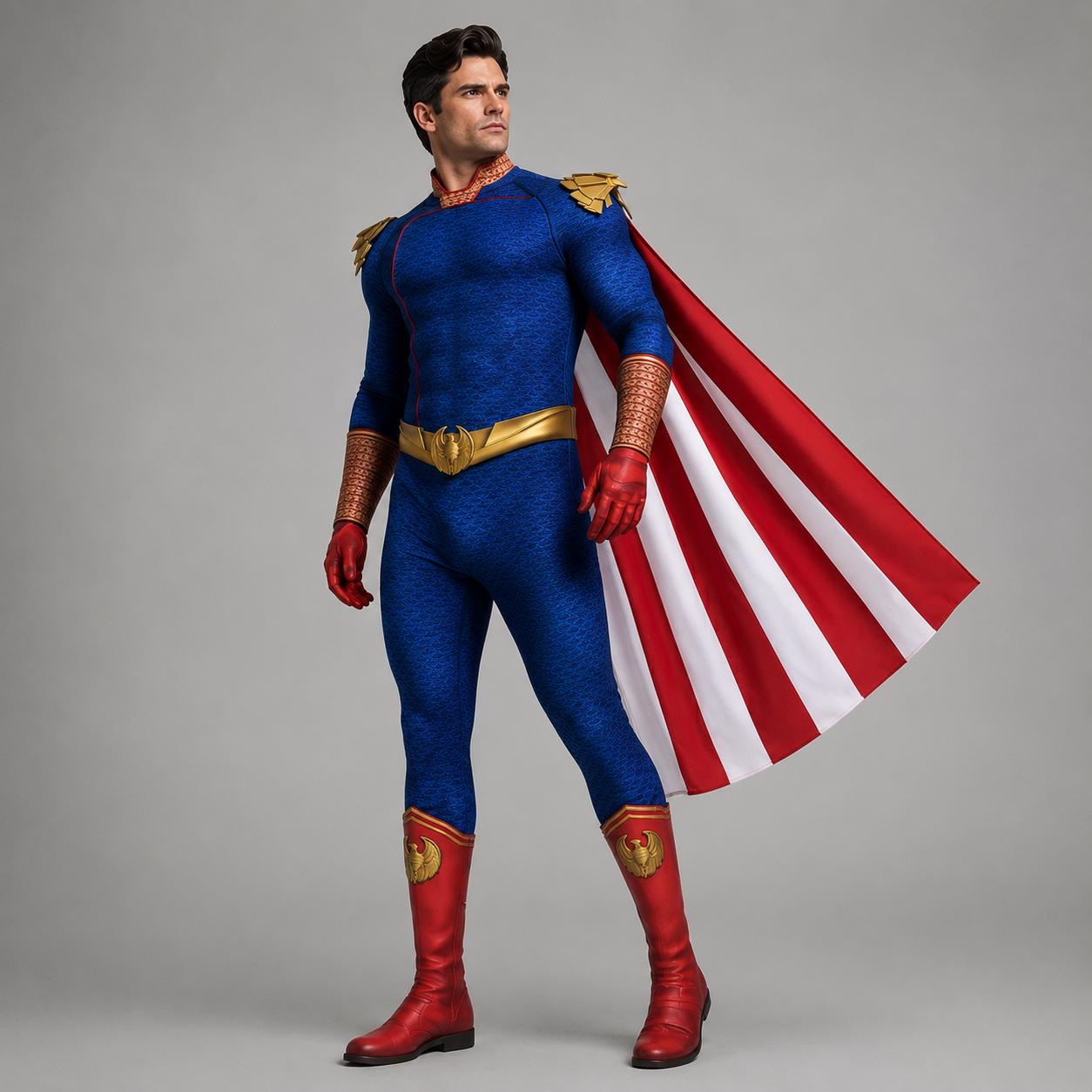 May include: A blue textured bodysuit with a gold eagle belt, gold shoulder epaulets, and red gloves. The costume includes red boots with gold eagle emblems and a long cape featuring vertical red and white stripes, worn by a person.