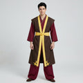 May include: A costume featuring a dark maroon long-sleeved tunic and matching wide-leg trousers. Over this is a brown sleeveless robe with a yellow trim, a yellow waist sash, and yellow flame-shaped embroidery at the bottom hem of the robe.