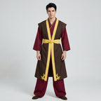 May include: A costume featuring a dark maroon long-sleeved tunic and matching wide-leg trousers. Over this is a brown sleeveless robe with a yellow trim, a yellow waist sash, and yellow flame-shaped embroidery at the bottom hem of the robe.