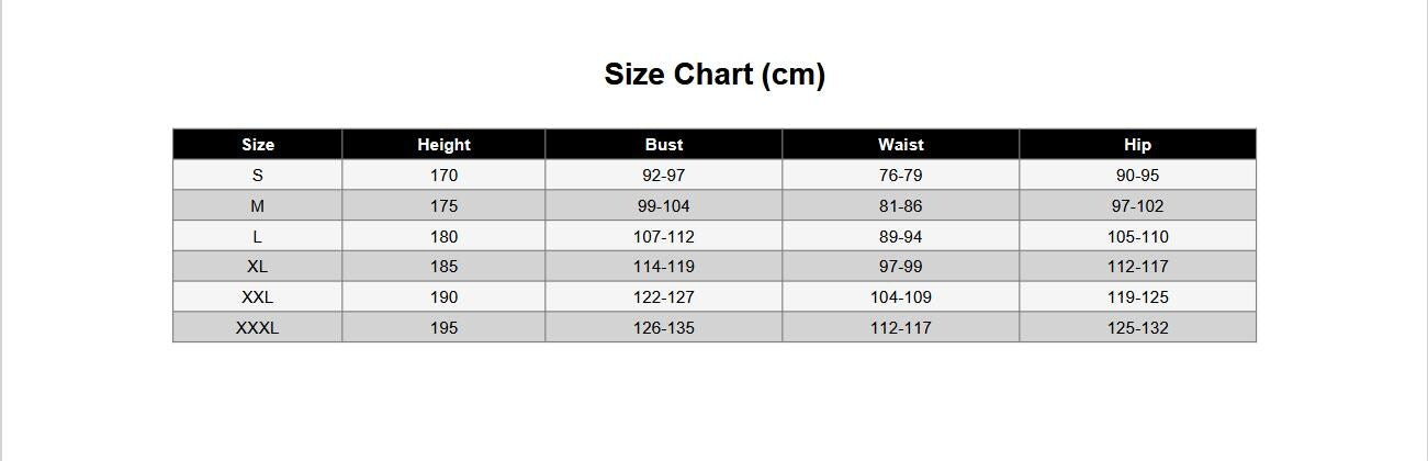 May include: A black and white size chart table with the heading Size Chart (cm). It lists sizes from S to XXXL with corresponding measurements in centimeters for height, bust, waist, and hip. The table rows alternate between white and light gray.