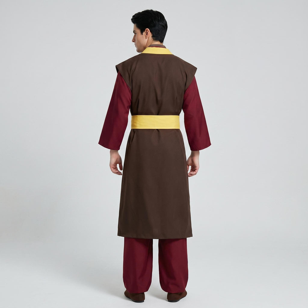 May include: A long-sleeved brown tunic with a yellow collar and waist sash, worn over dark red trousers. The garment features a structured brown vest layer over the sleeves, creating a layered appearance with a solid color palette.