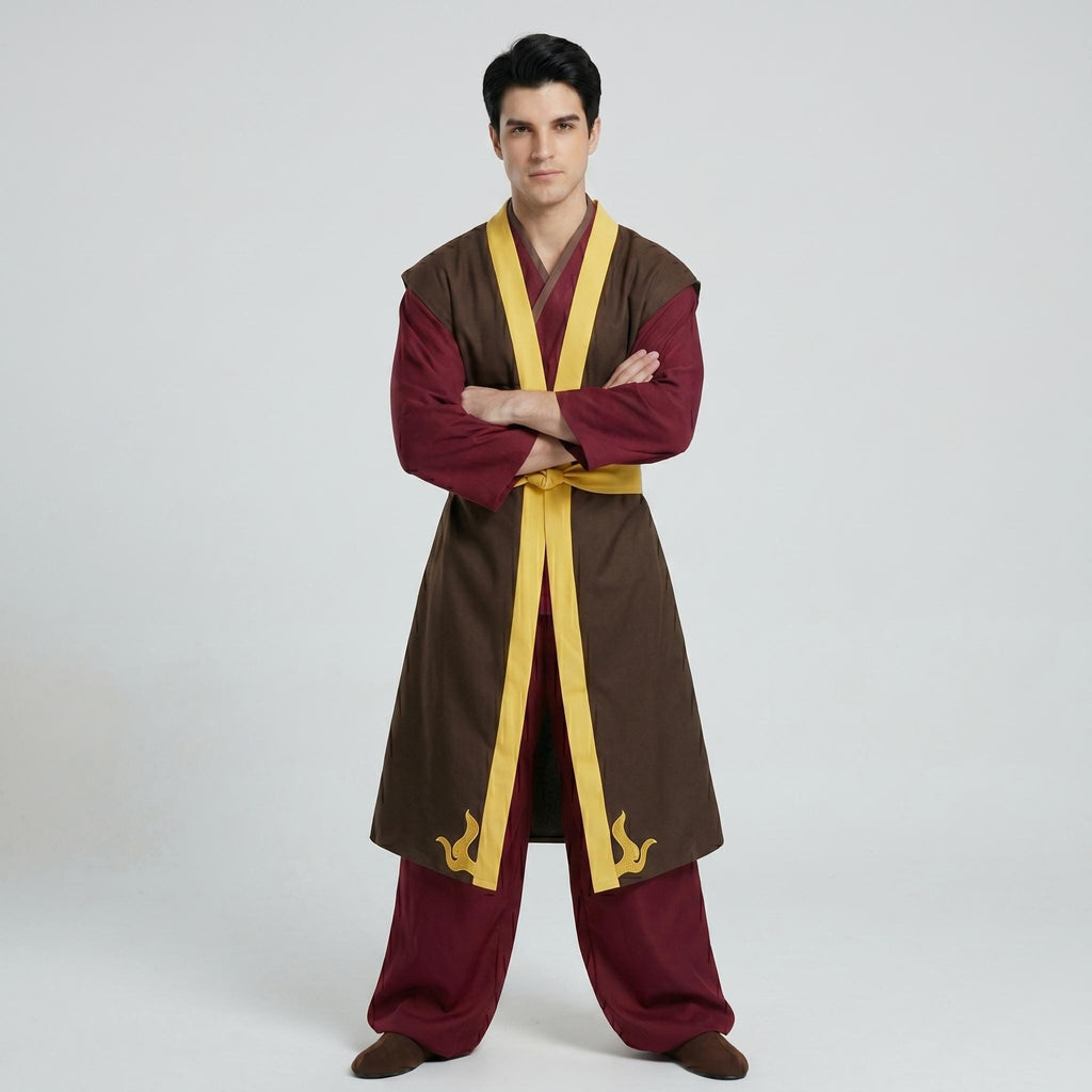 May include: A long-sleeved maroon tunic worn under a sleeveless brown overcoat with yellow trim. The overcoat features a yellow waist tie and yellow flame-like embroidery at the hem. The outfit includes matching maroon trousers and brown shoes.