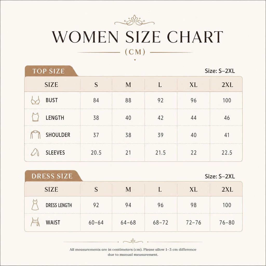May include: A size chart for tops and dresses with measurements in centimeters. The table lists sizes S through 2XL, including bust, length, shoulder, and sleeve measurements for tops, and dress length and waist measurements for dresses.